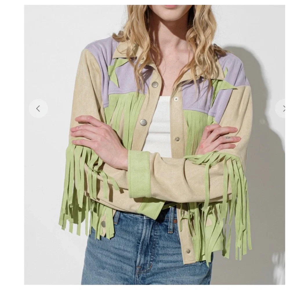 11 Multi Fabric Basic Collared Fringe Jacket
-Multi fabric - Picture 3 of 5